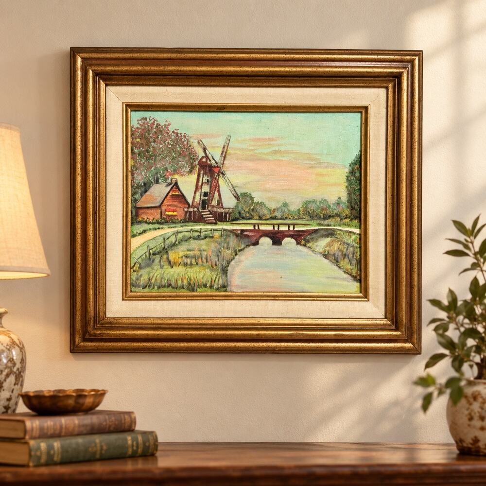 Vintage Mid Century Windmill Landscape Painting Dutch Style Framed 12x14